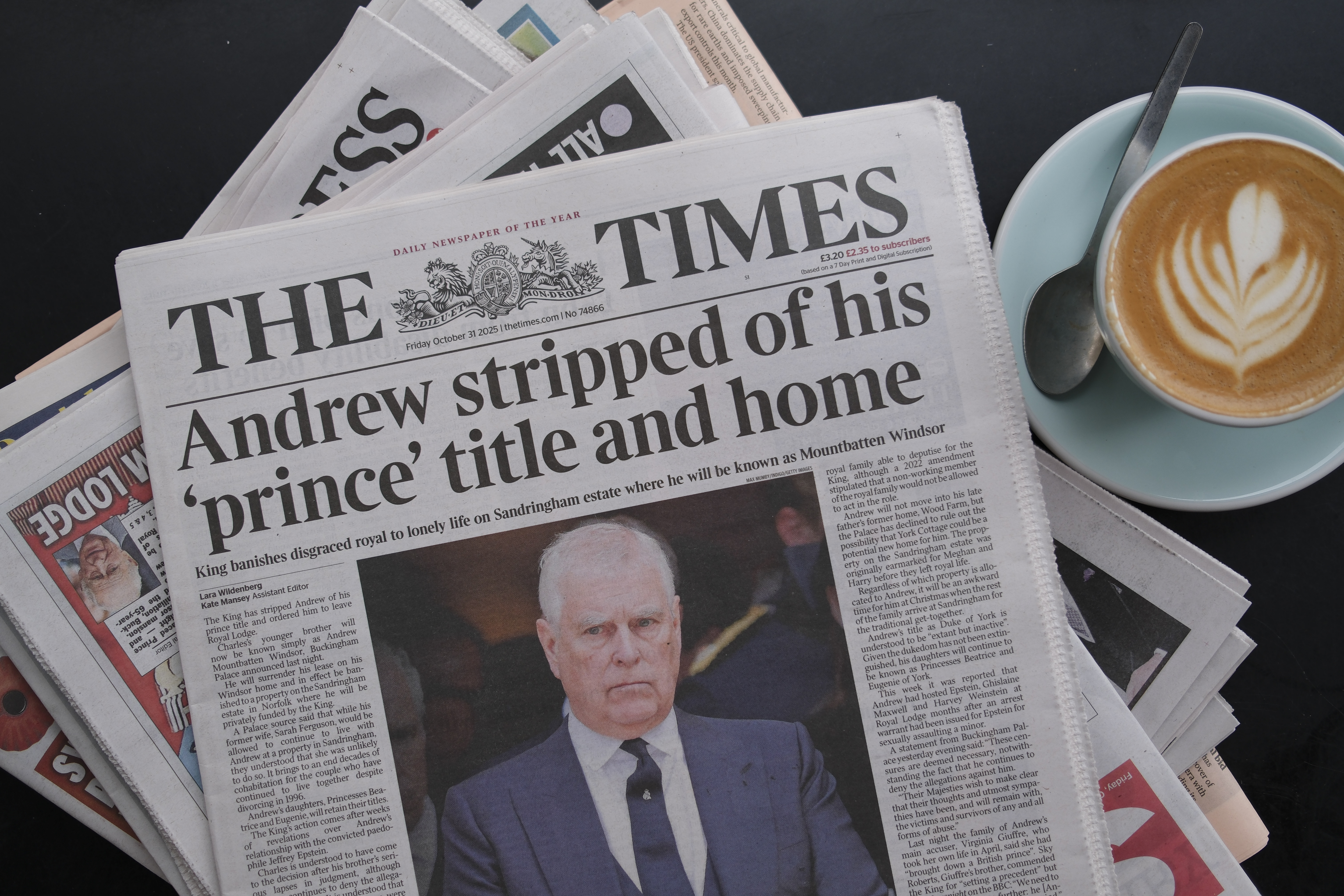 The front page of The Times newspaper with an image of Andrew Mountbatten-Windsor is seen on October 31, 2025, in Windsor, England. | Source: Getty Images