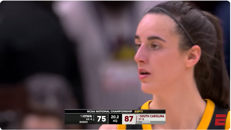 Caitlin Clark during the Iowa Hawkeyes vs. South Carolina Gamecocks match in Cleveland, Ohio from a video dated April 8, 2024. | Source: Youtube/@espn