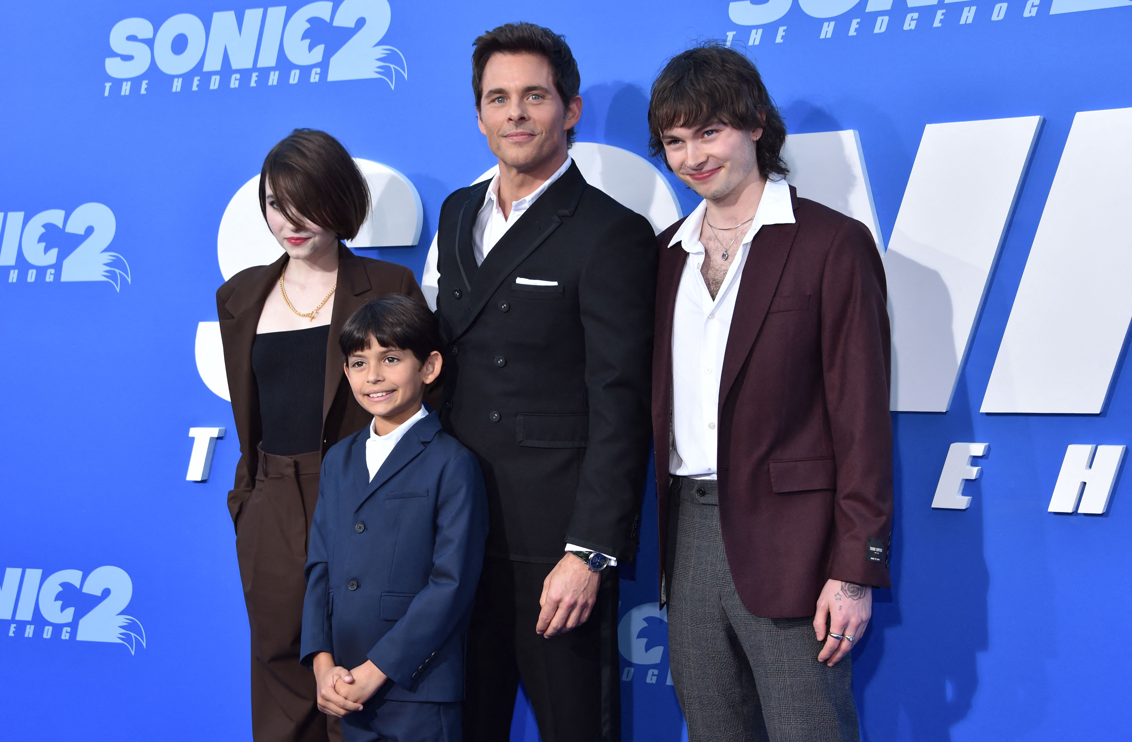 James Marsden surrounded by Jack Marsden (R), Mary James Marsden (L) and William Luca Costa-Marsden (front) at the premiere of "Sonic The Hedgehog 2" at the Regency Village theatre, on April 5, 2022, in Westwood, California. | Source: Getty Images