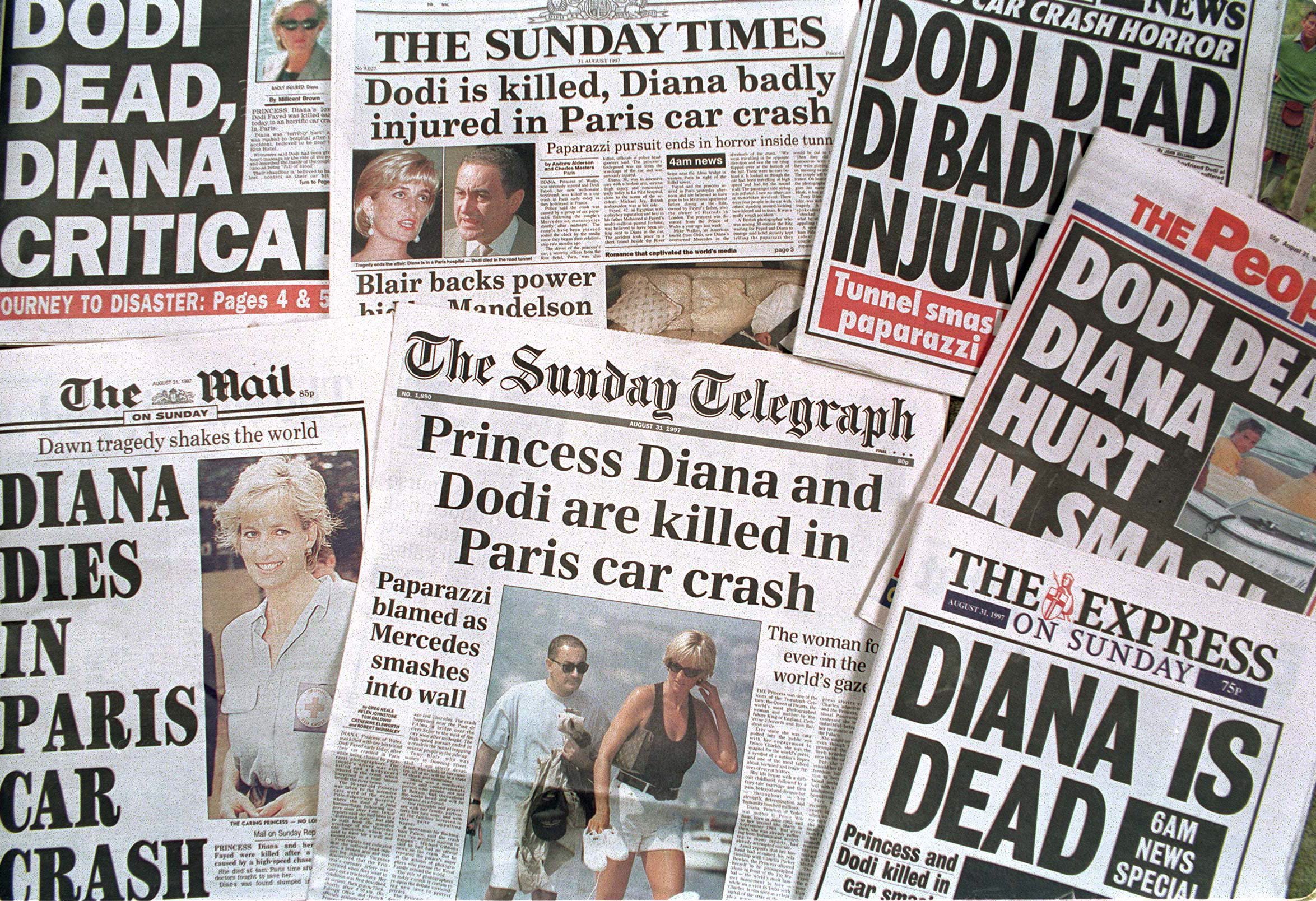 Newspaper Headlines Announcing The Death Of Princess Diana And Dodi Fayed In A Car Crash In Paris, 31st August 1997. Norholt, UK | Source: Getty Images