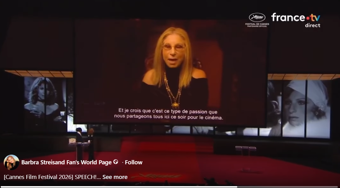 Barbra Streisand's pre-recorded speech plays after Isabelle Huppert accepted the Honorary Palme d'Or on her behalf from host Eye Haïdara on stage during the closing ceremony of the 79th annual Cannes Film Festival at Palais des Festivals on May 23, 2026 in France. | Source: Getty Images