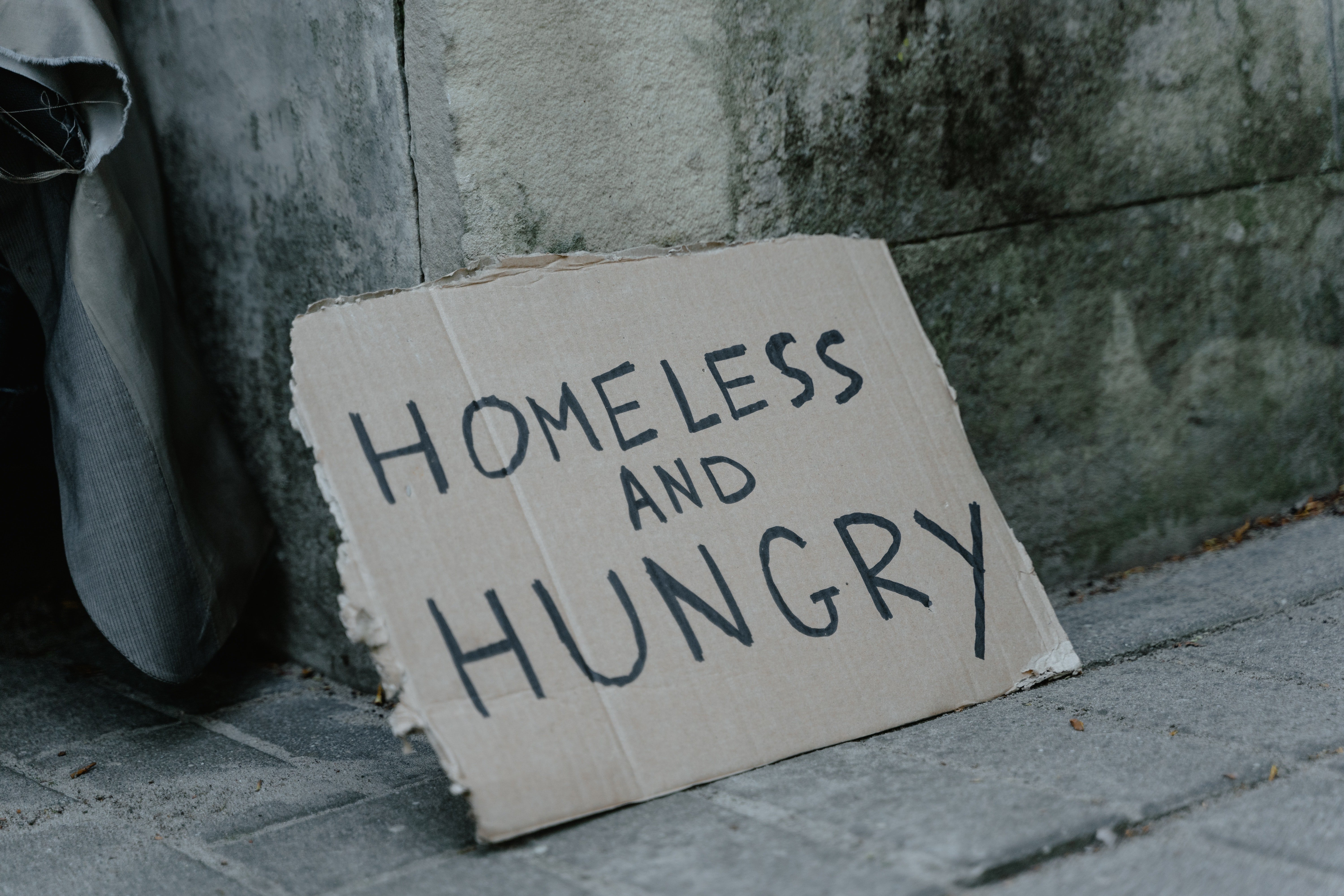 Cartel de cartón que dice: "Sin hogar y hambriento". | Foto: Pexels
