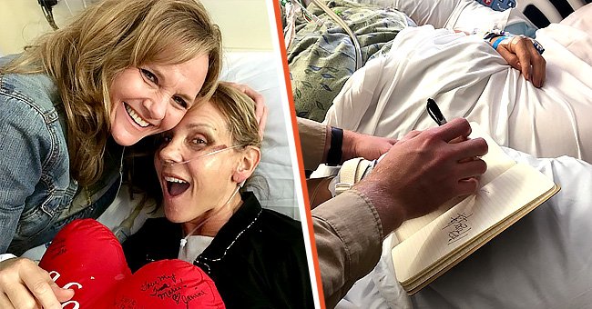 A woman is comforted in hospital after she survived miraculously [left] Woman whose heart stopped for several minutes writes a message after waking up [right] | Photo: instagram.com/madiejohnson
