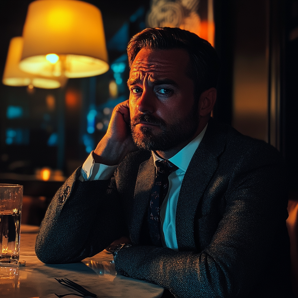 A frowning man sitting at a table | Source: Midjourney