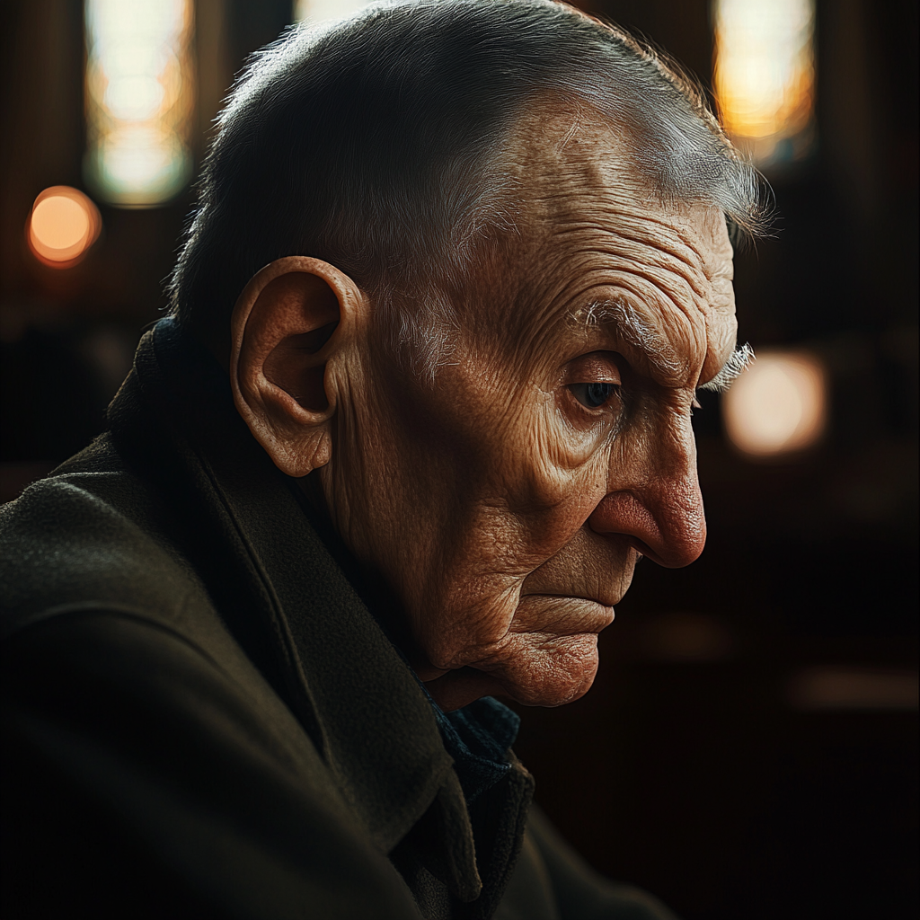 A sad older man sitting in the church | Source: Midjourney