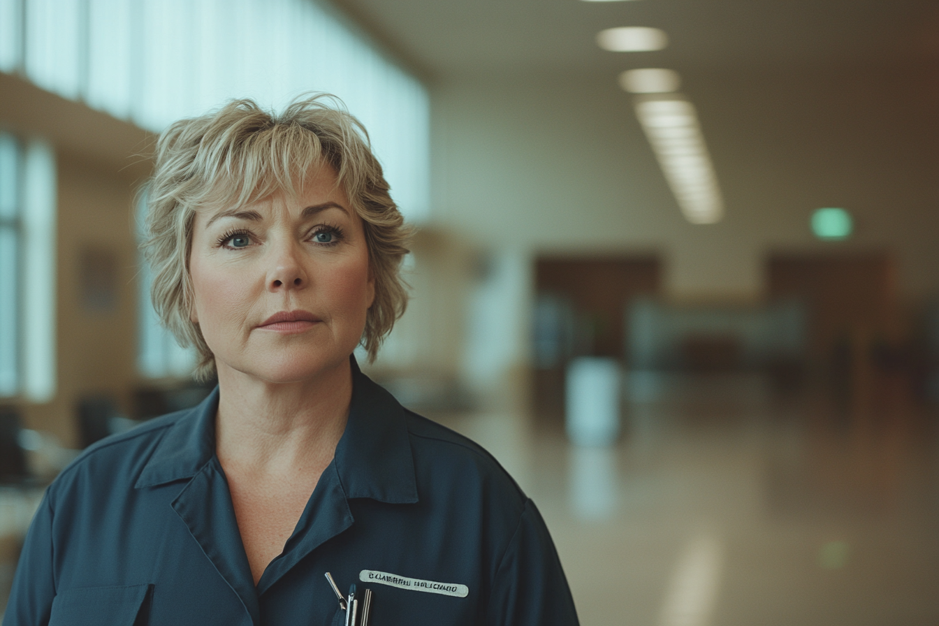 An older woman in a janitor's uniform | Source: Midjourney