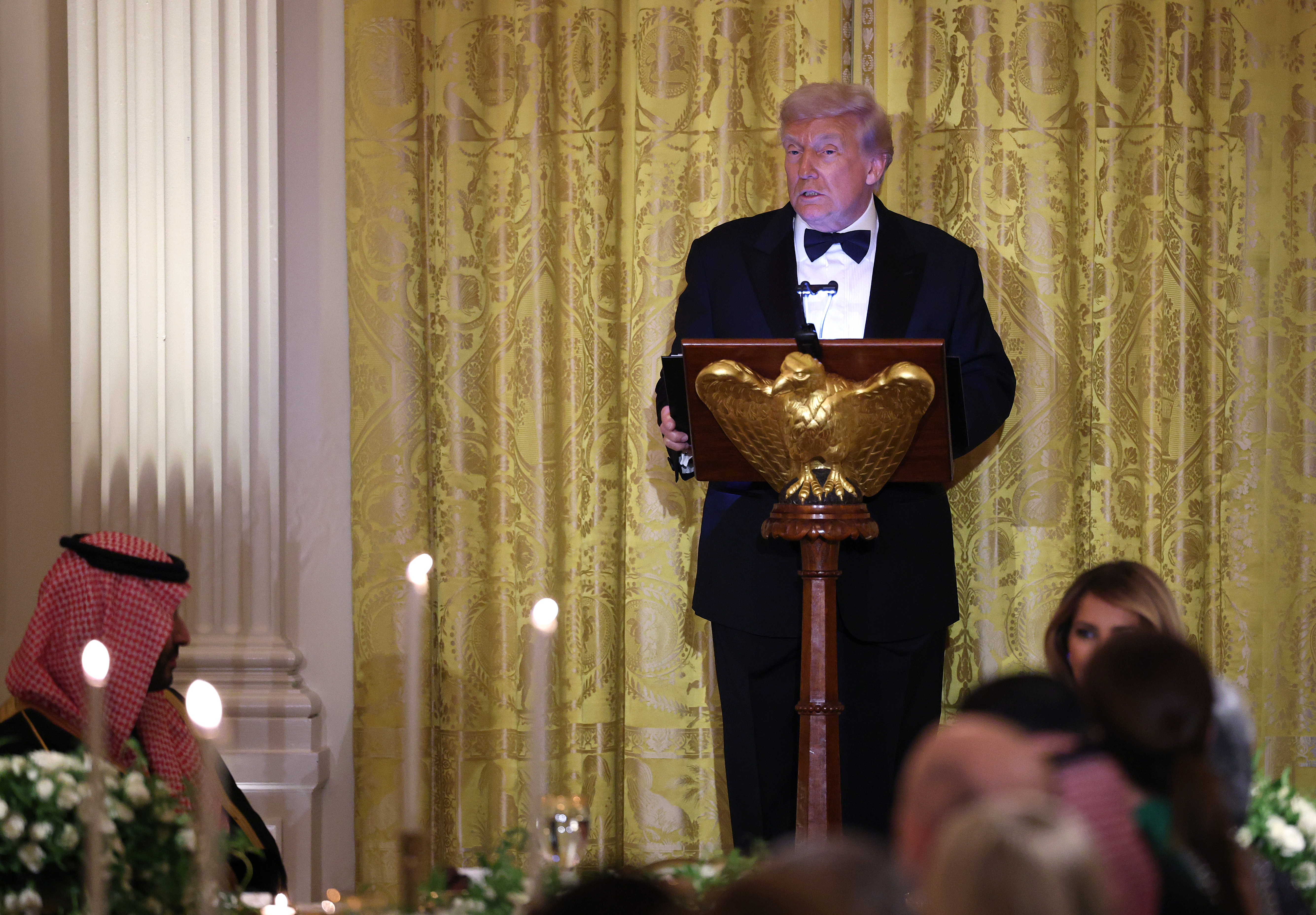 Donald Trump delivers remarks during the state dinner with the Saudi Arabia crown prince on November 18, 2025 | Source: Getty Images