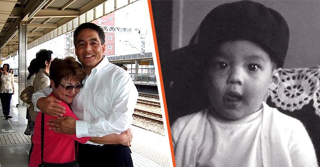 [Left] Nobue Ouchi reuniting with her son Col. Bruce Hollywood while they share a warm embrace; [Right] A baby photo of Col. Bruce Hollywood. | Source: facebook.com/bruce.hollywood. youtube.com/StirredUp_Videos