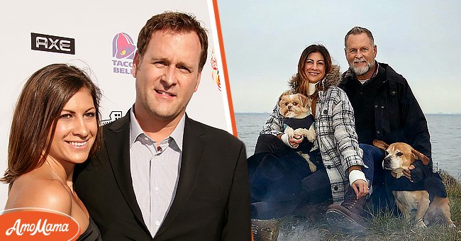 Dave Coulier and Melissa Bring on August 3, 2008 in Burbank, California [left]. Coulier and Bring with their dogs on December 25, 2021 [right] | Photo: Getty Images - Instagram.com/melissacoulier