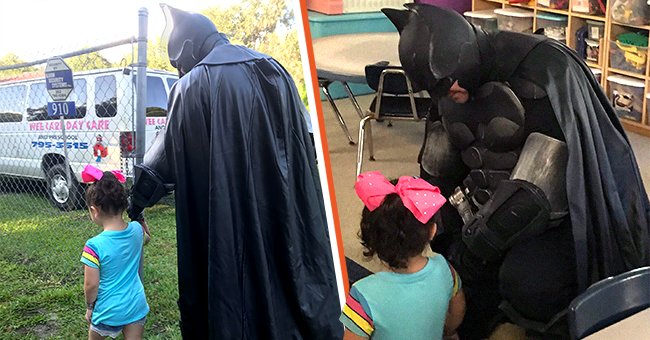 A man dressed as Batman escorts a little girl to school [left] Batman sits with a girl in her classroom [right] | Photo: facebook.com/TheSpringhillBatman