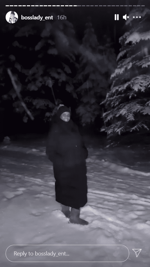 Shante Broadus, dressed in a black floor-length winter coat, poses outside in the snow | Photo: Instagram/bosslady_ent