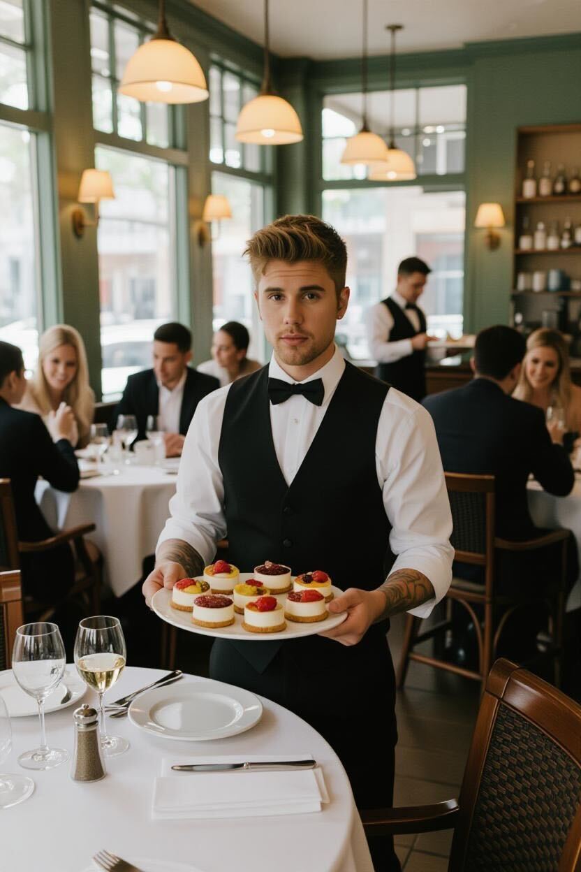 An AI-generated image of Justin Bieber as a waiter | Source: Grok