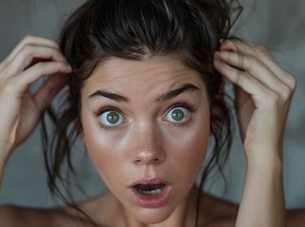 Woman holds her hair, a shocked expression on her face | Source: Midjourney