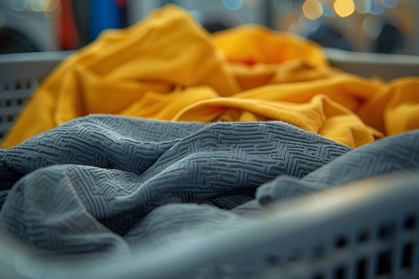 Close-up of yellow and grey t-shirts in a laundry basket | Source: Midjourney