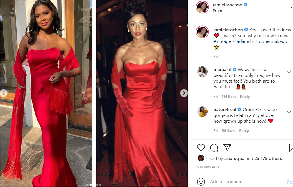 Side by side photos of Lela Rochon and her daughter Asia wearing the same dress | Source: instagram.com/iamlelarochon