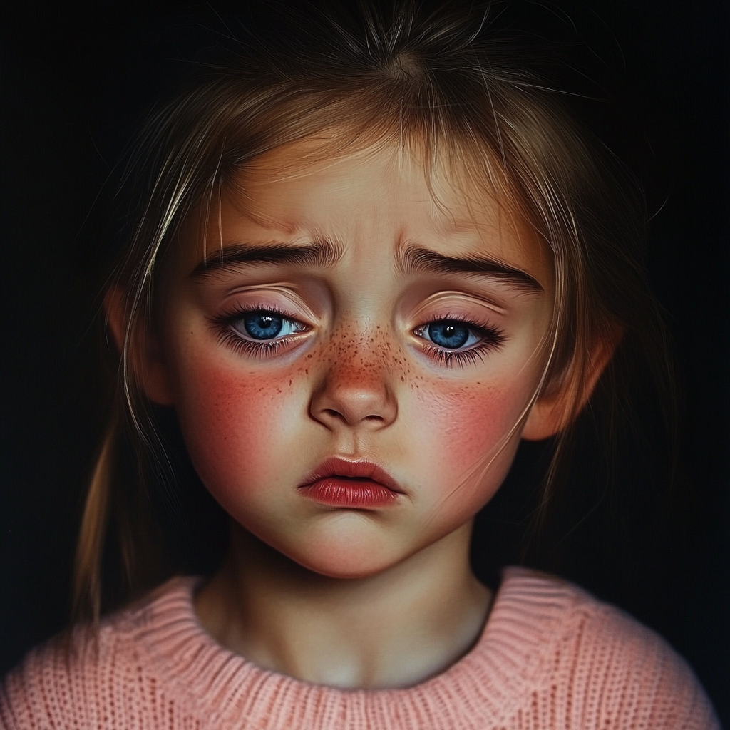 A sad little girl with her eyes downcast | Source: Midjourney