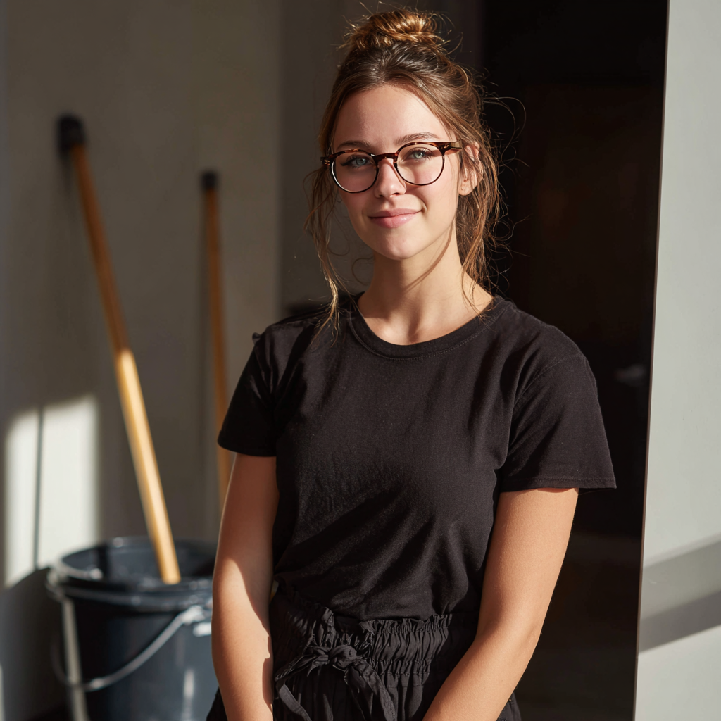 A smiling young woman with her cleaning supplies | Source: Midjourney