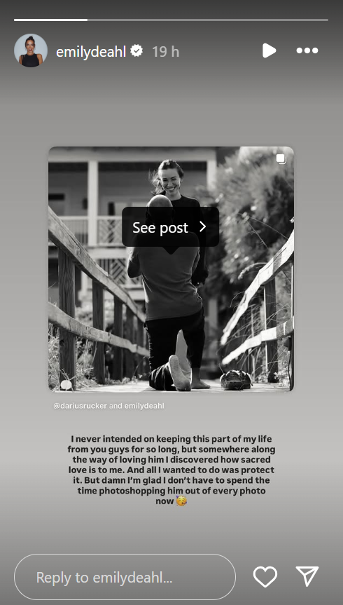 Emily Deahl reveals why she kept their romance hidden, from her post dated October 8, 2025 | Source: Instagram Story/emilydeahl