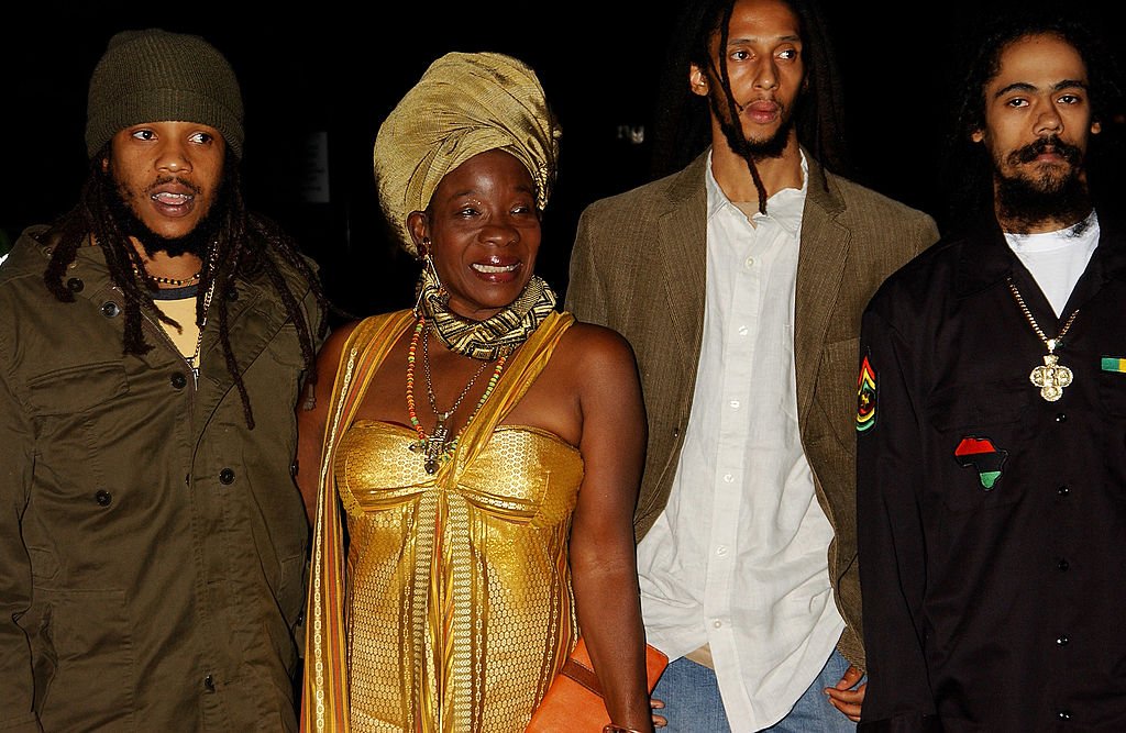 Bob Marley's widow Rita Marley and their sons, Stephen, Julian, and Damian "Jr. Gong," arrive at the MOBO Awards on  September 22, 2005 in London, England. | Source: Getty Images