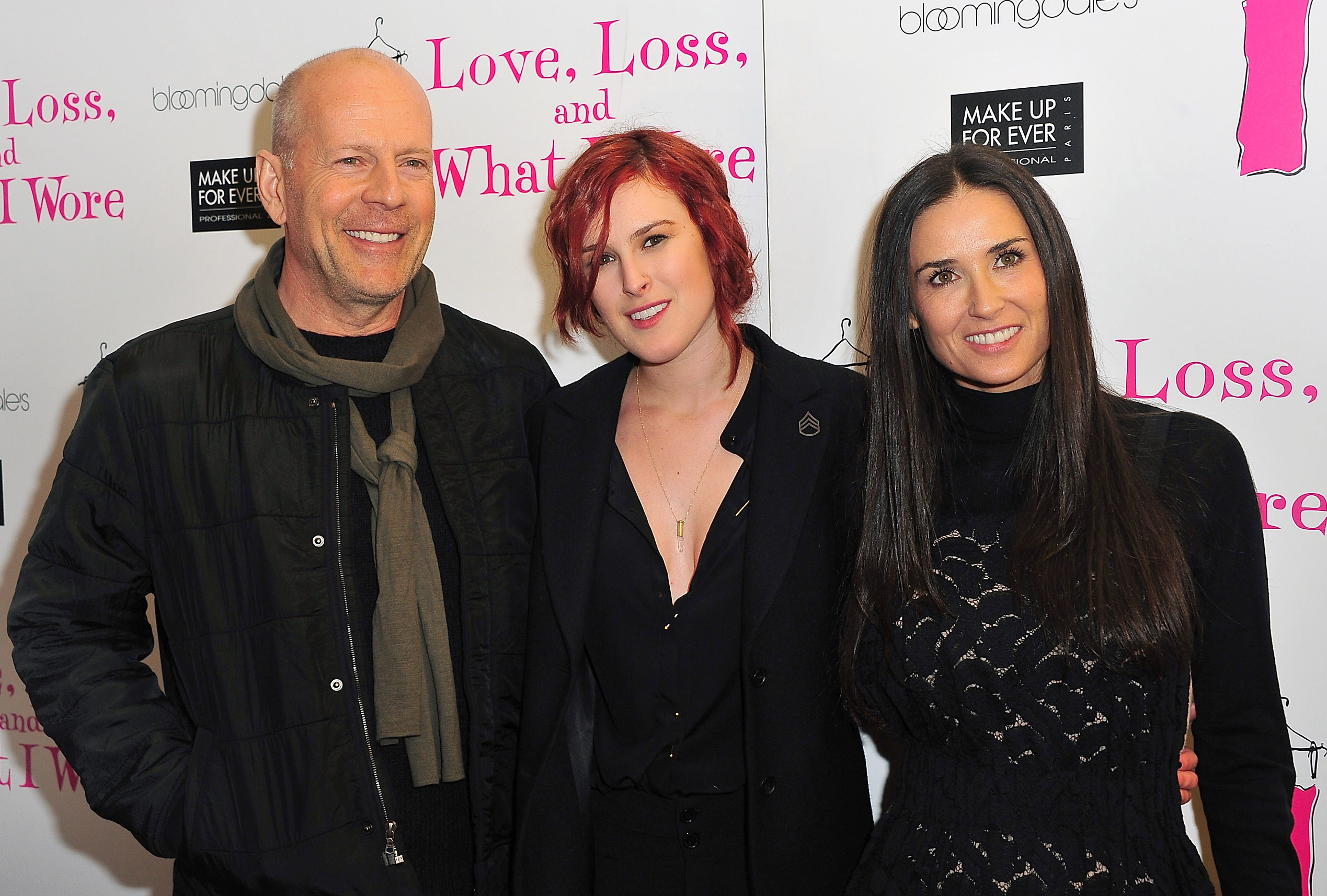 Bruce Willis, Rumer Willis, and Demi Moore pose at the "Love, Loss & What I Wore" new cast member celebration in New York City, on March 24, 2011. | Source: Getty Images