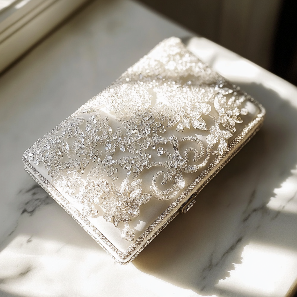 A white clutch on a table | Source: Midjourney
