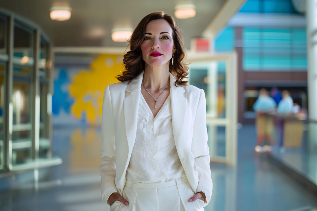 A woman in a white blazer standing in a hospital corridor | Source: Midjourney