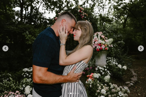 Travis Kelce and Taylor Swift sharing a tender moment after Kelce proposed. | Source: Instagram/taylorswift