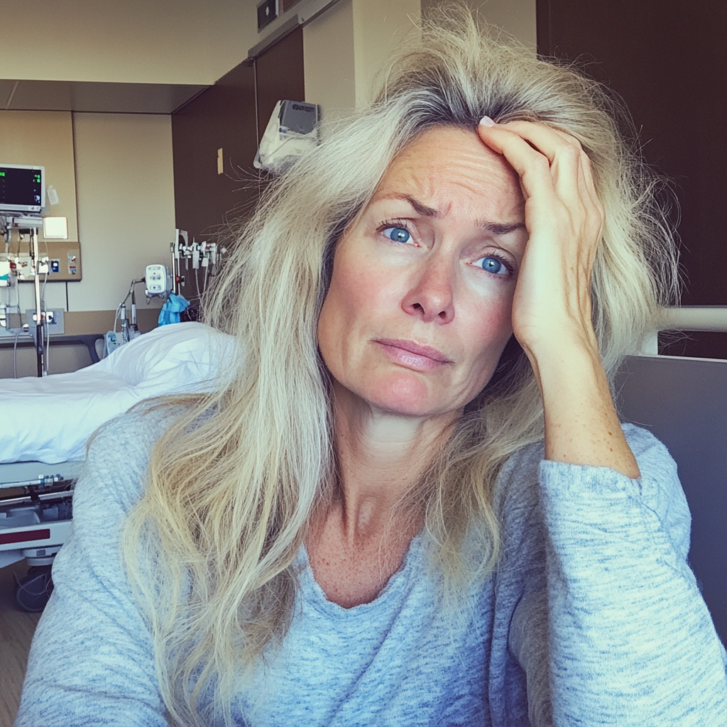 An upset woman sitting in a hospital room | Source: Midjourney