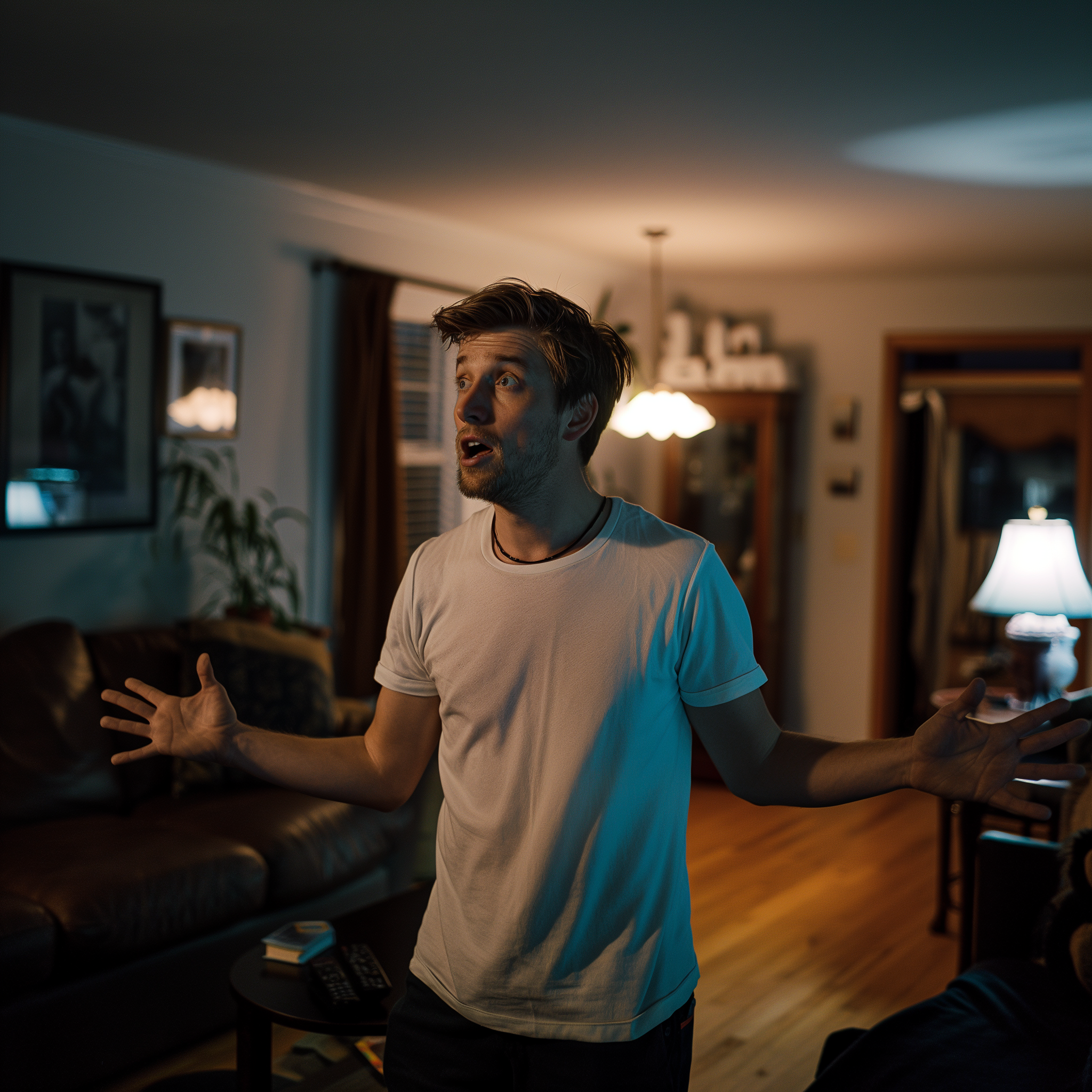 A shocked man is standing in a living room | Source: Midjourney