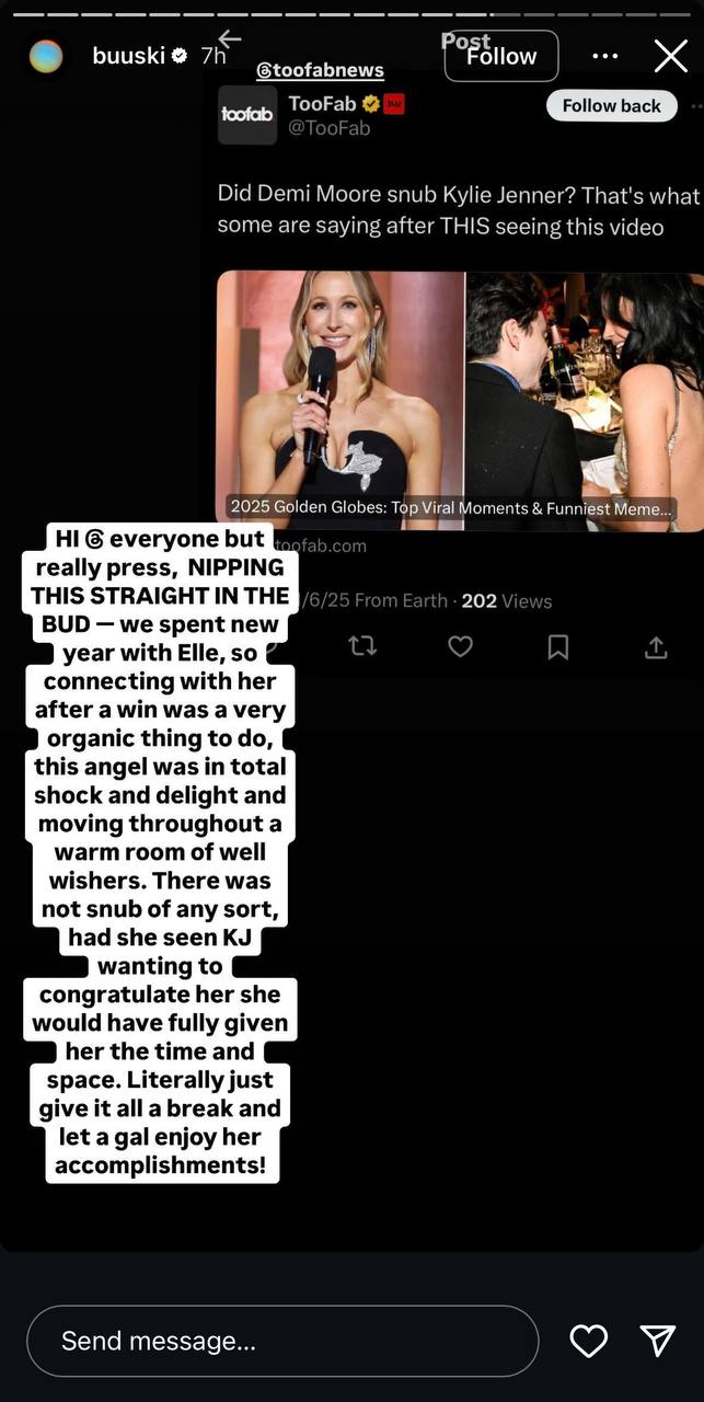 Tallulah Willis addresses online speculations surrounding Demi Moore and Kylie Jenner's interactions at the 2025 Golden Globes on her Instagram Story, posted on January 6, 2025 | Source: Instagram/buuski