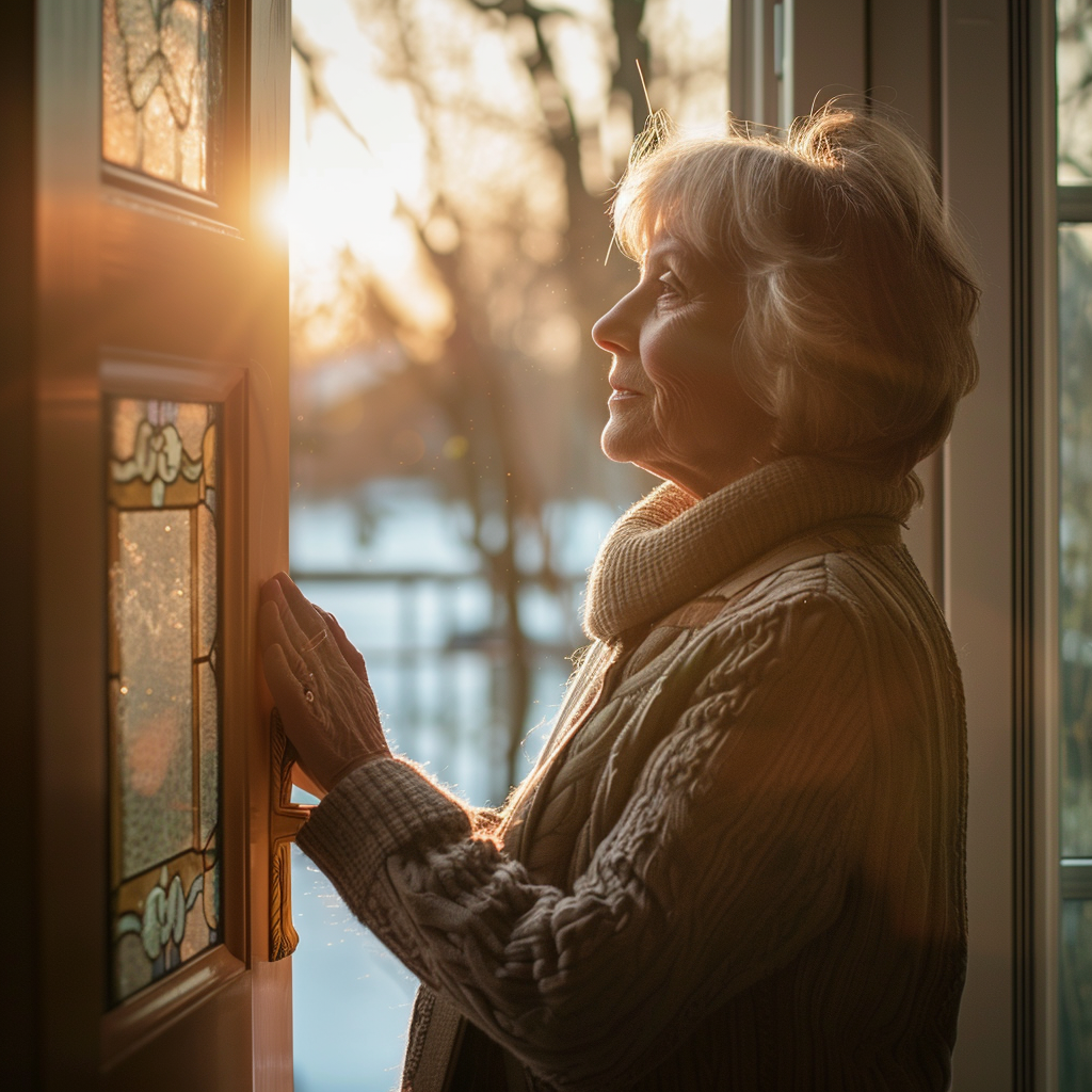 An older woman opening a door | Source: Midjourney