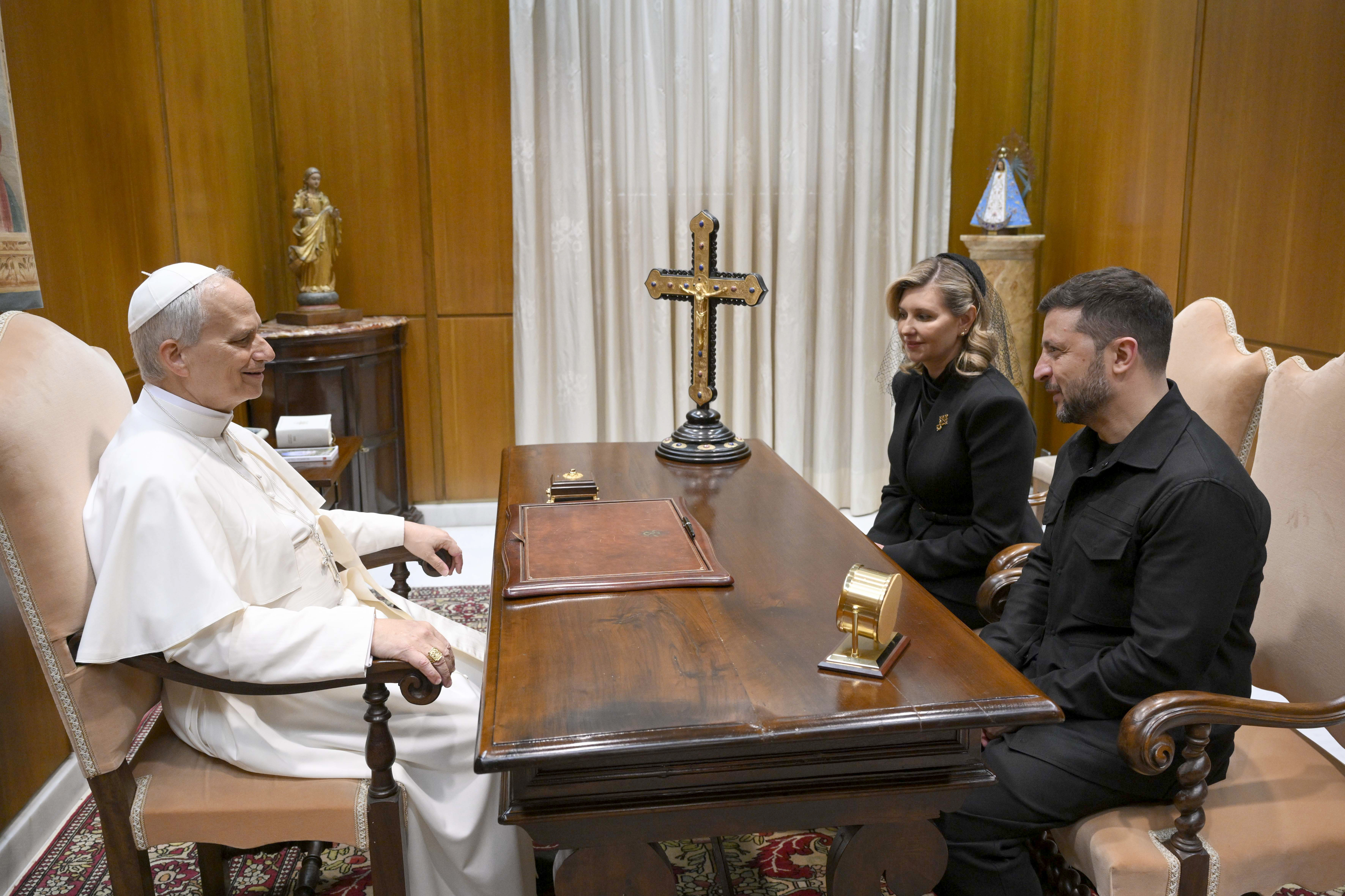 Pope Leo XIV meets with President Volodymyr Zelenskyy and First Lady Olena Zelenska following the Inauguration Mass on May 18, 2025, in Vatican City. | Source: Getty Images