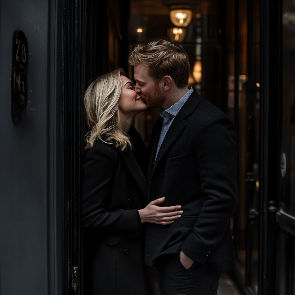 A man and a woman kissing next to the door of a building | Source: Midjourney