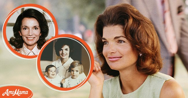 A photo of Jackie Kennedy during a picnic in the 1960s. Insets: Jackie's sister Caroline Lee Radziwell [Left] and Jackie with her two children J. F. Kennedy Jr. and Caroline Kennedy [Middle] | Source: Getty Images
