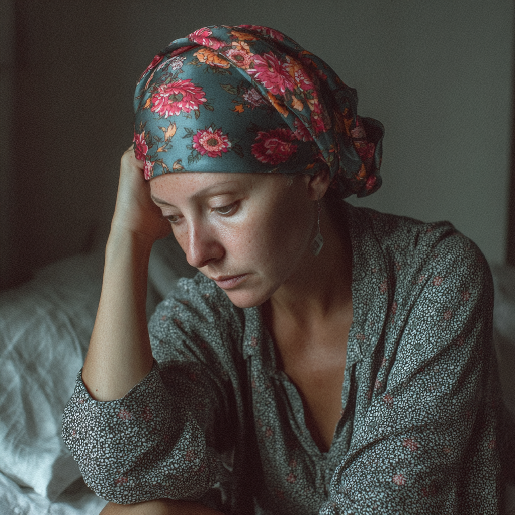 An ill woman sitting on a bed | Source: Midjourney