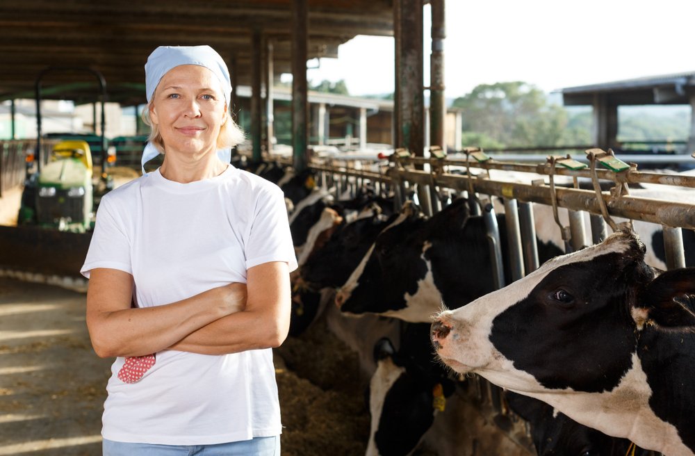 Lächelnde reife weibliche Profitzüchterin in der Nähe von Kühen auf dem Bauernhof. I Quelle: Shutterstock