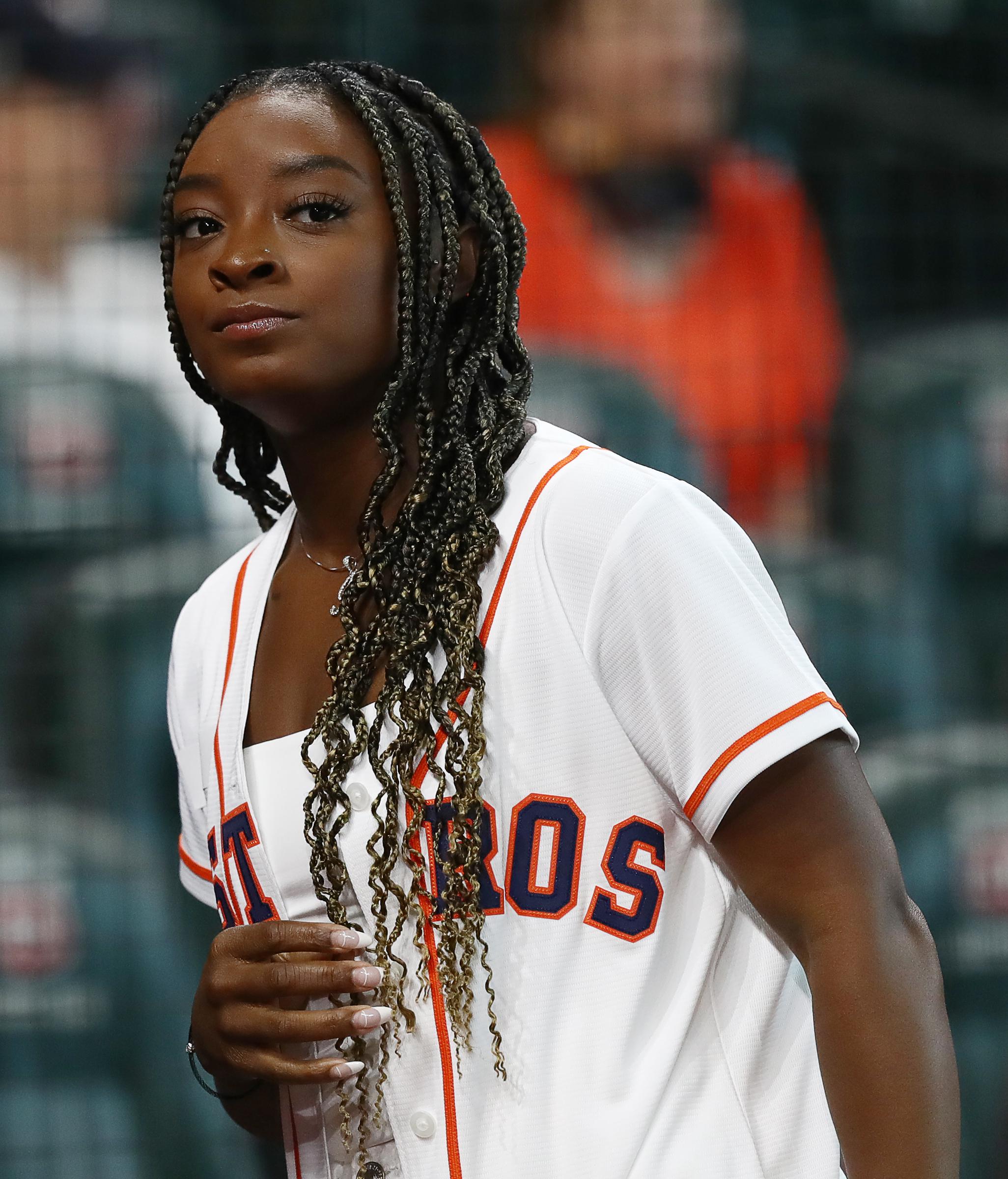 Simone Biles at Minute Maid Park to watch a game between the Los Angeles Angels and the Houston Astros on April 18, 2022, in Houston, Texas | Source: Getty Images