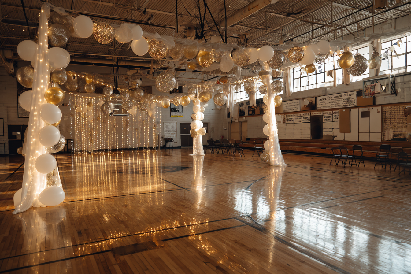 A school gym decorated for prom | Source: Midjourney
