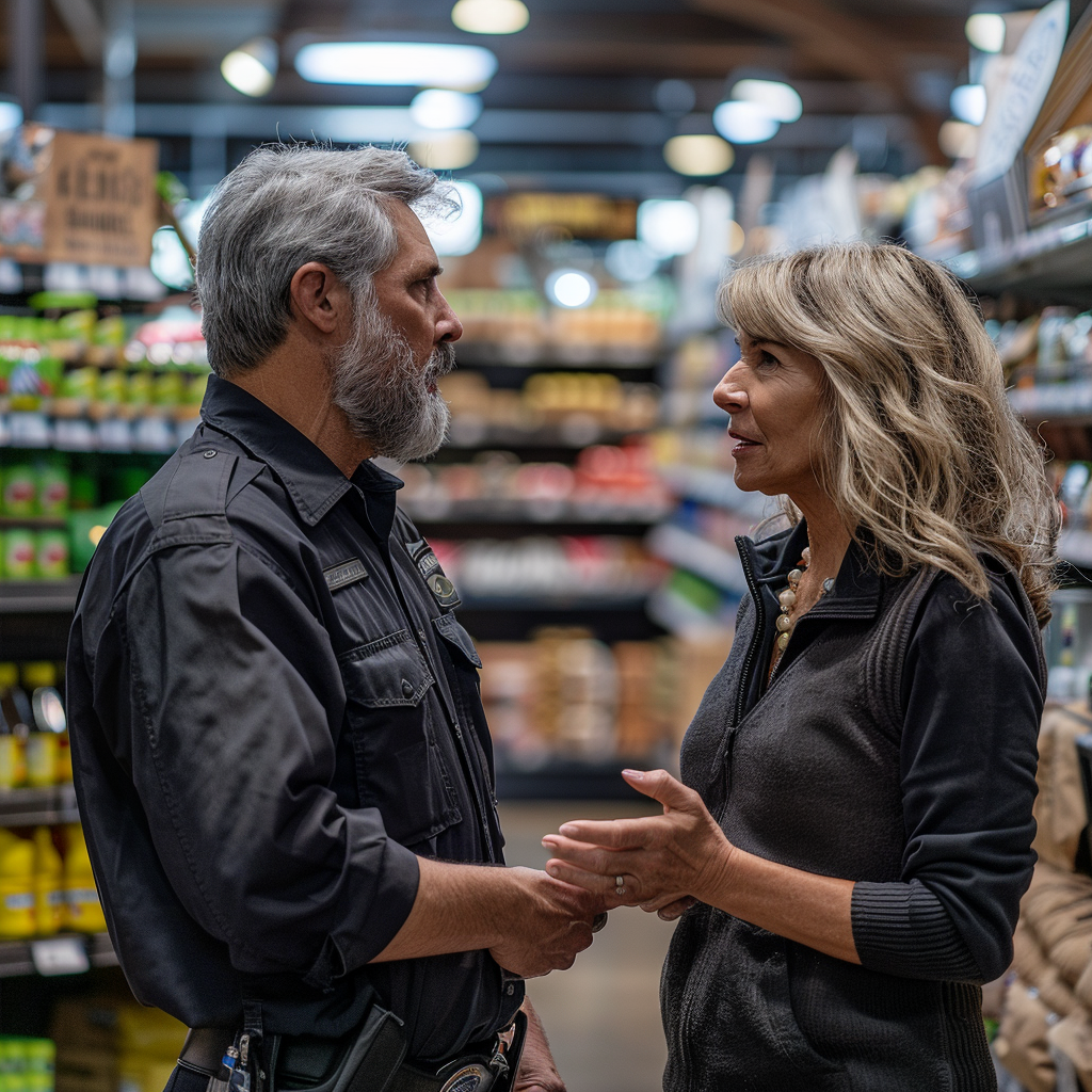 A senior woman talking to a security guard in a grocery store | Source: Midjourney