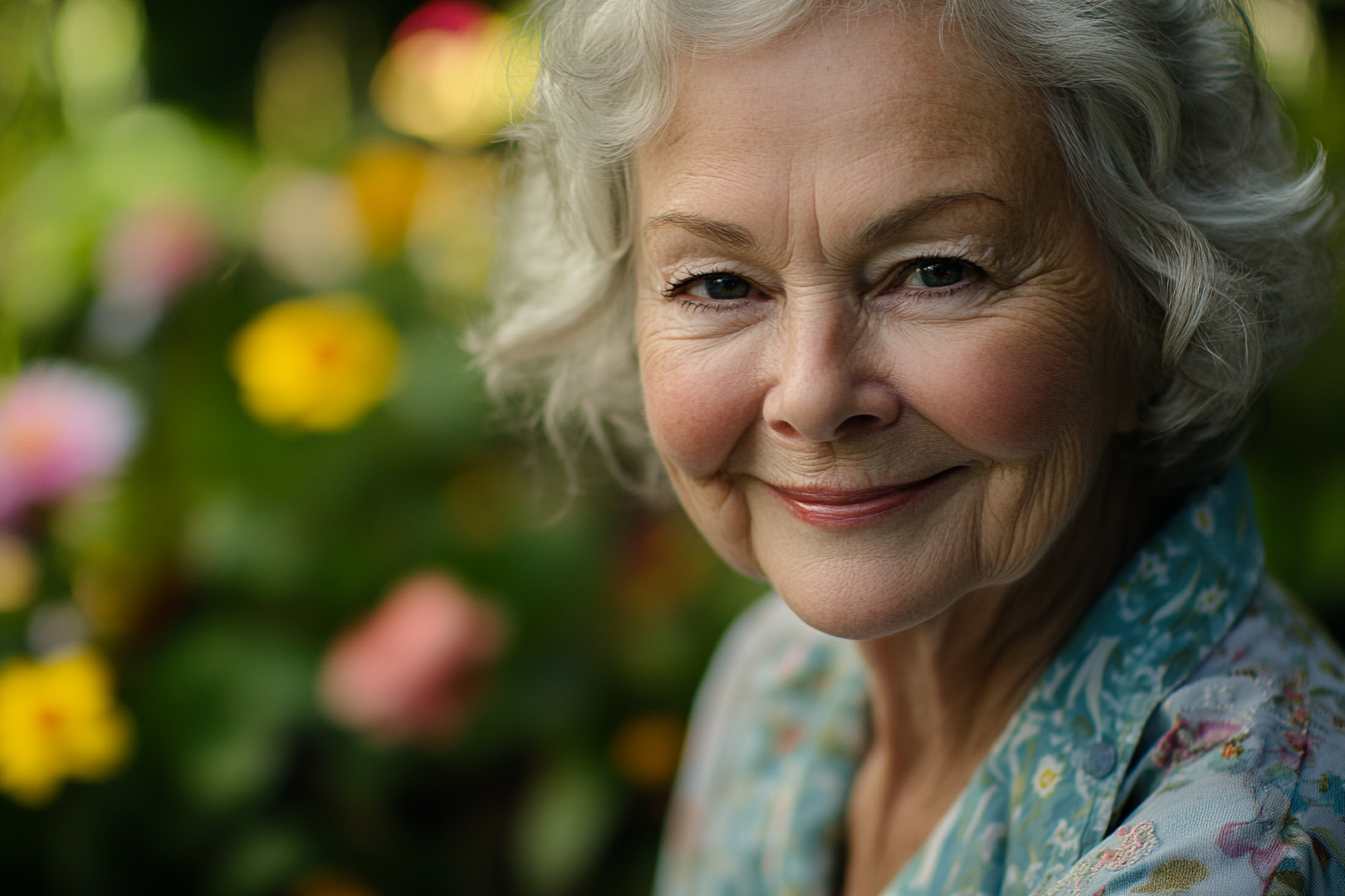 A smiling older lady in her garden | Source: Midjourney