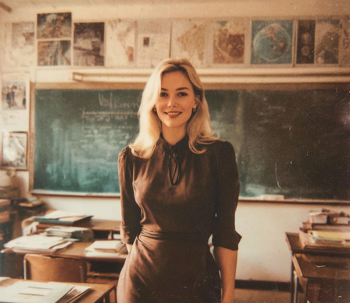 A smiling teacher standing in her classroom | Source: Midjourney