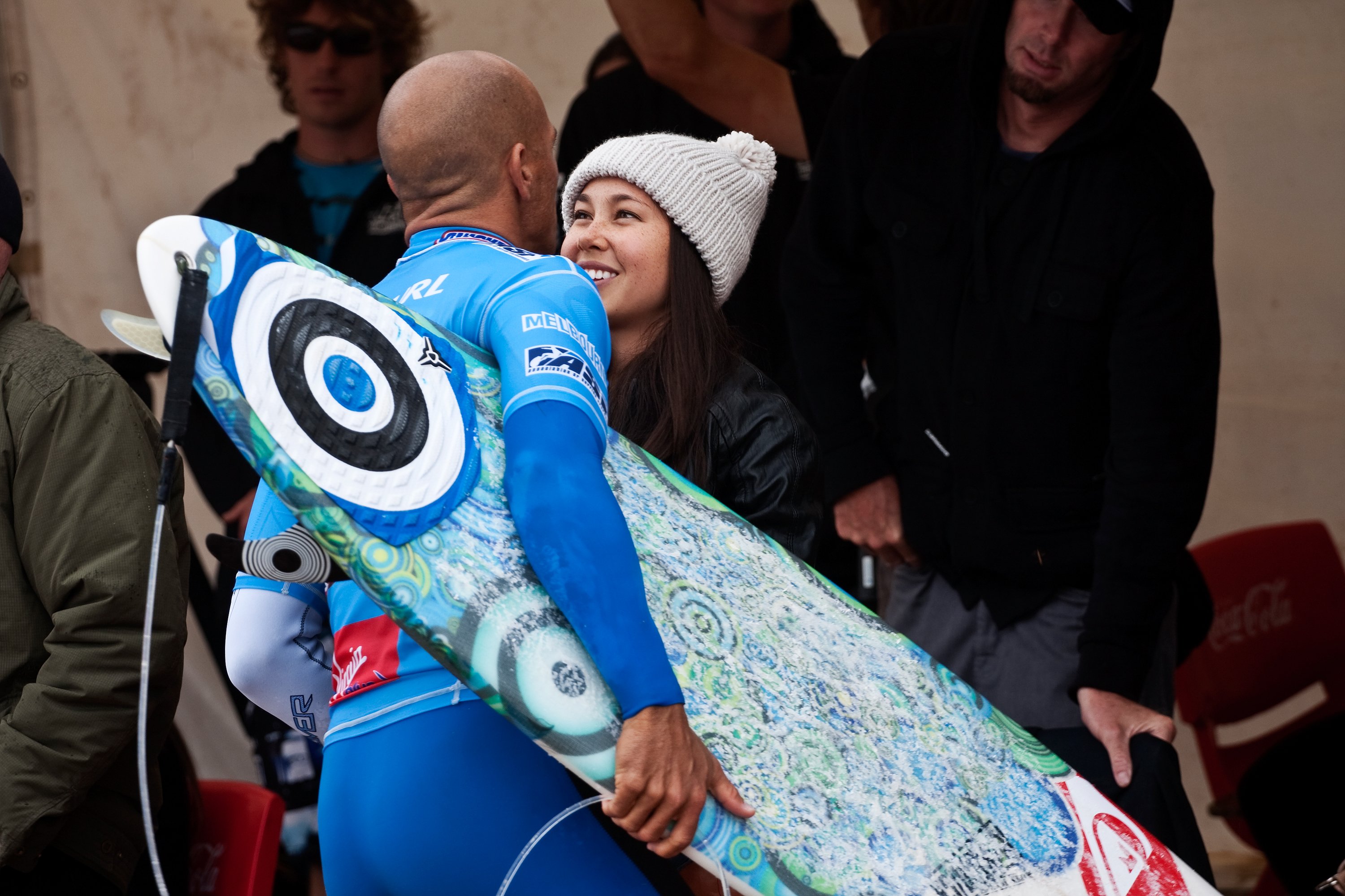 Kalani Miller smiles to Kelly Slater on April 9, 2010, in Johanna, Australia. | Source: Getty Images