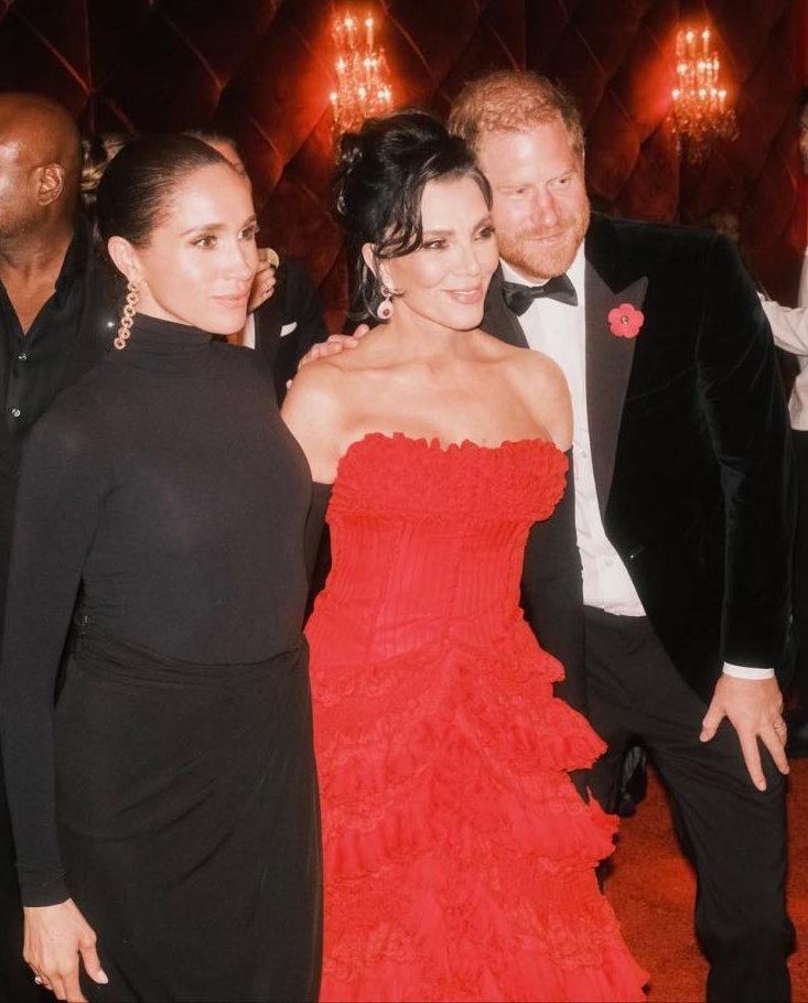Meghan Markle, Kris Jenner, and Prince Harry at Kris's 70th birthday party on 8 November 2025 in Beverly Hills, California. | Source: X/favspopculture