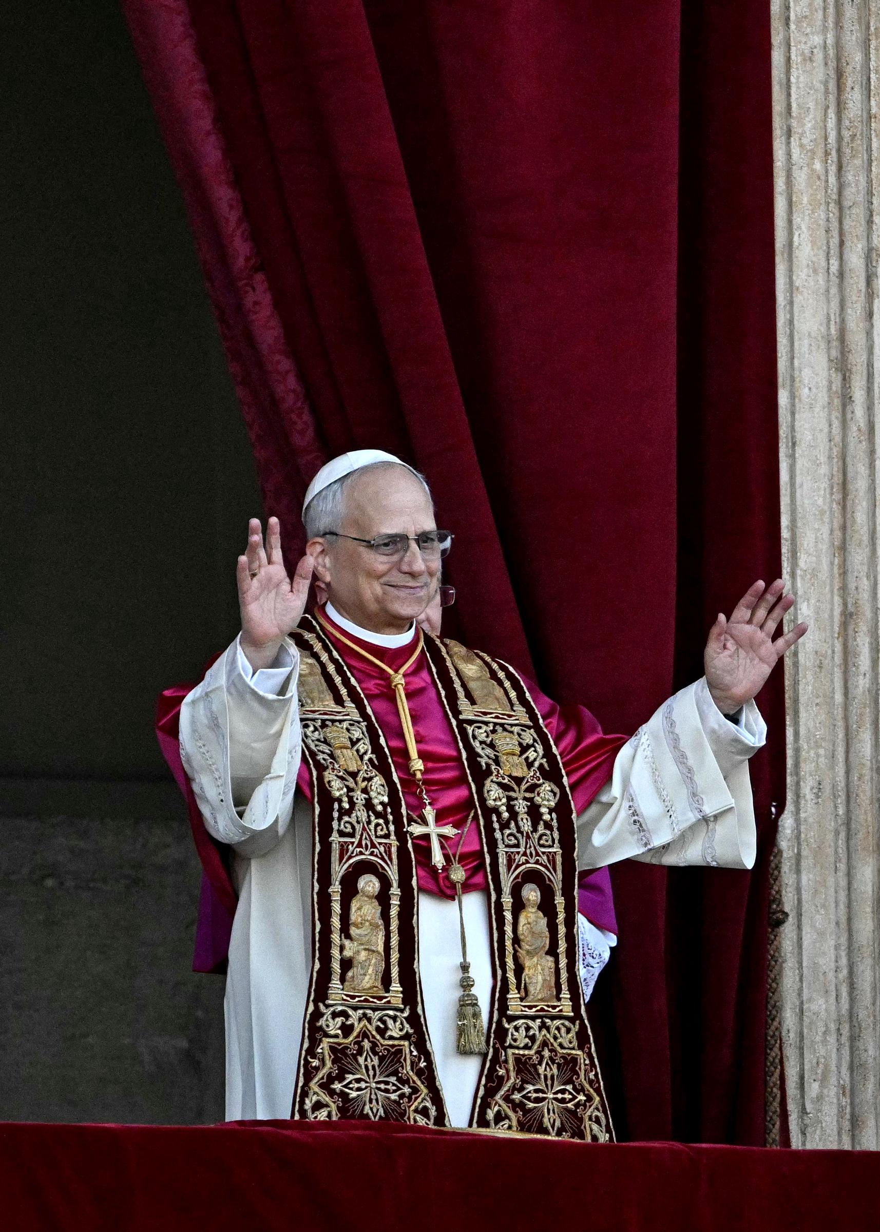 Pope Leo XIV, Robert Francis Prevost gestures on the main central loggia balcony of the St Peter's Basilica on May 8, 2025 | Source: Getty Images