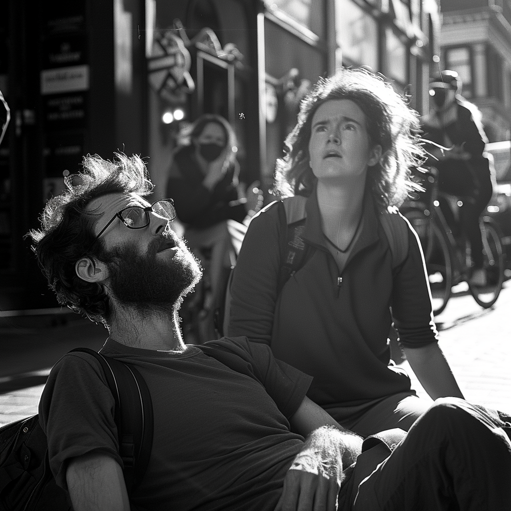 A man lying on the floor while a woman kneels next to him | Source: Midjourney