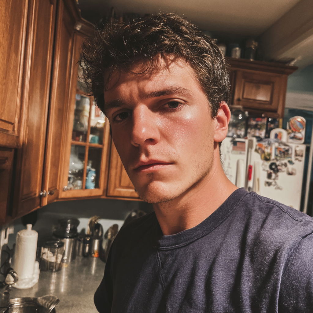 A frowning man standing in a kitchen | Source: Midjourney