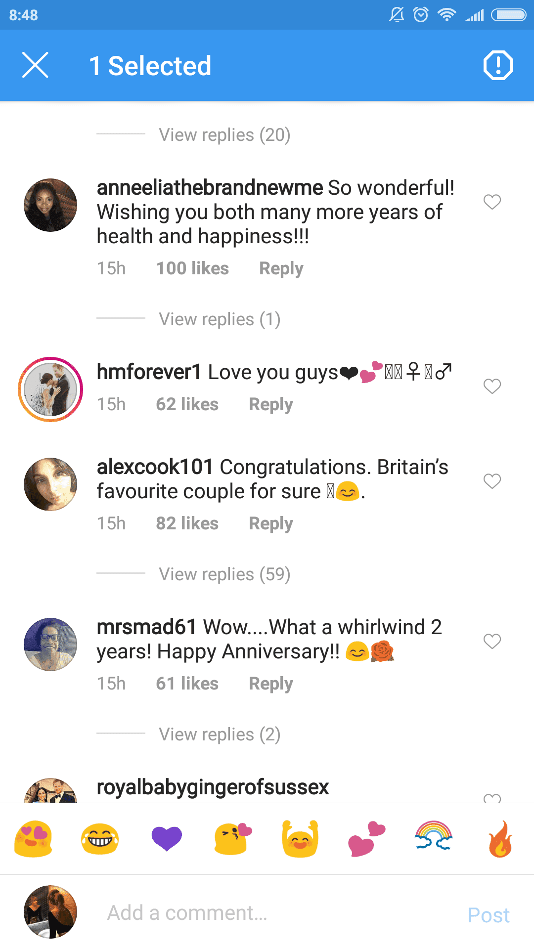 A screenshot of fans' comments on Prince Harry and Meghan's post. | Photo: Instagram.com/sussexroyal