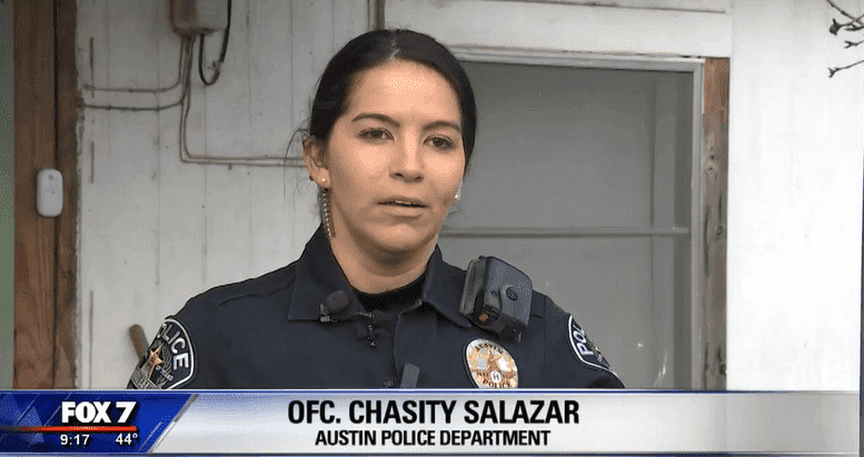 Officer Chasity Salazar at Louis Hicks' home | Photo: Fox 7 Austin