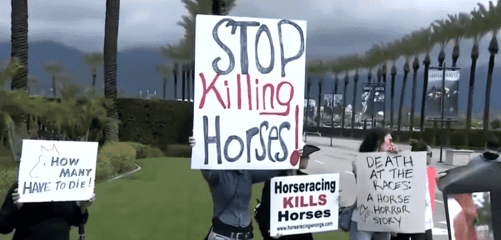 Protesters with signs in front of the Santa Anita racetrack | Photo: CBS Los Angeles
