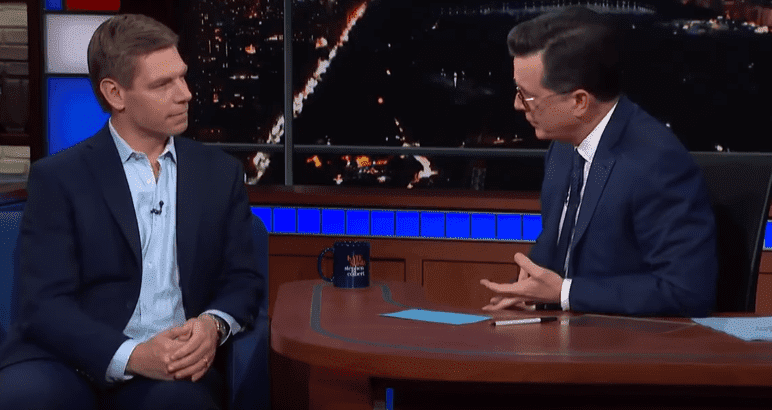 Eric Swalwell talking to Stephen Colbert at "The Late Show" | Photo: "The Late Show with Stephen Colbert"